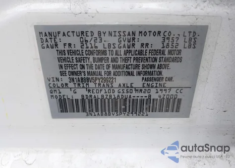 2023 Nissan Sentra S Xtronic Cvt z USA, uszkodzony, nr VIN 3N1AB8BV5PY299221